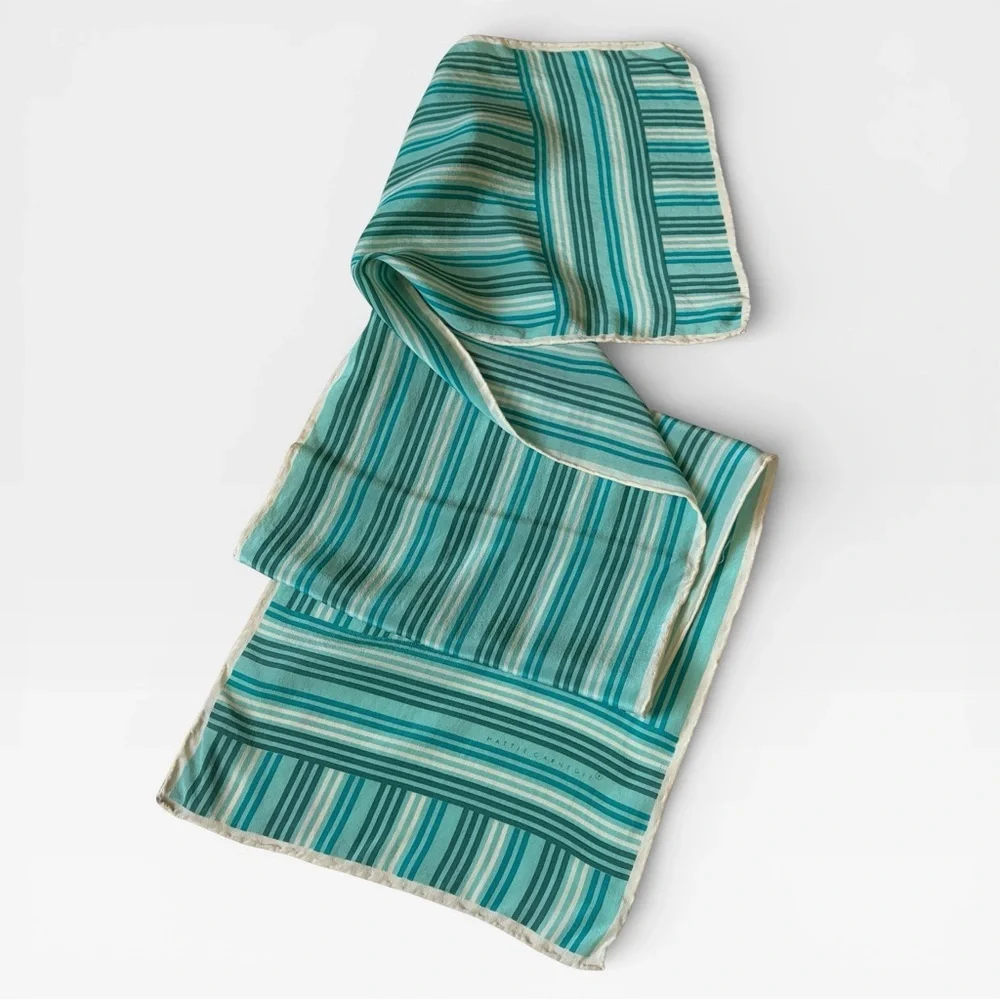 VIntage Hattie Carnegie 100% hand rolled silk scarf striped retro mod green